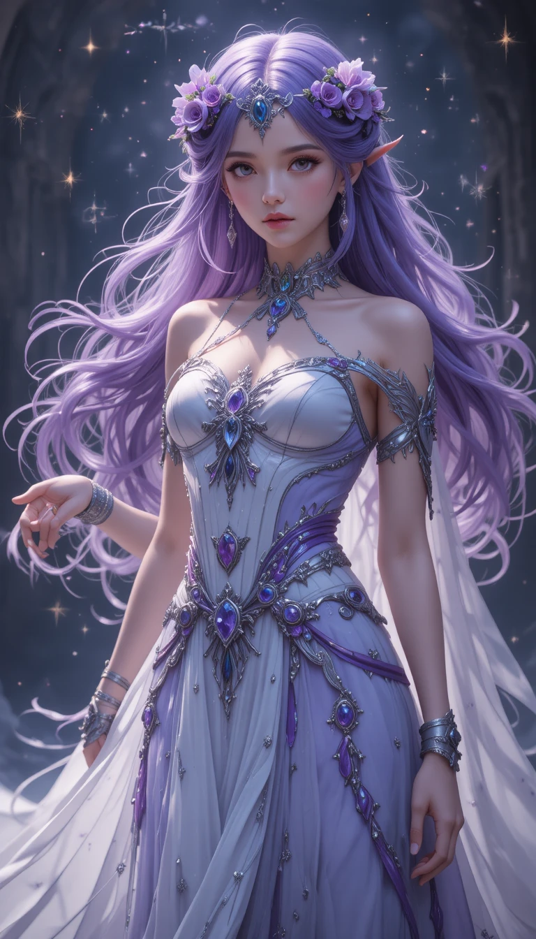 Giovane strega in stile anime con capelli viola e gioielli