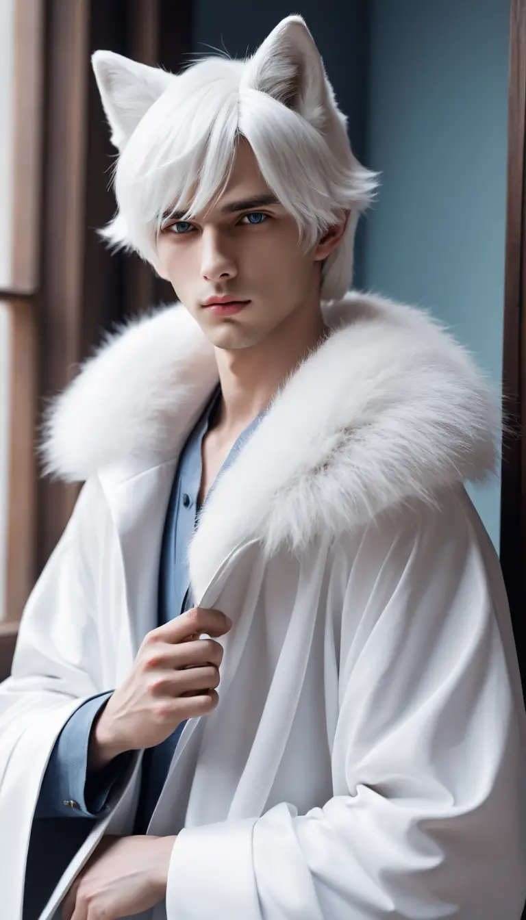 Grand homme d’anime aux cheveux blancs avec oreilles et queue de renard
