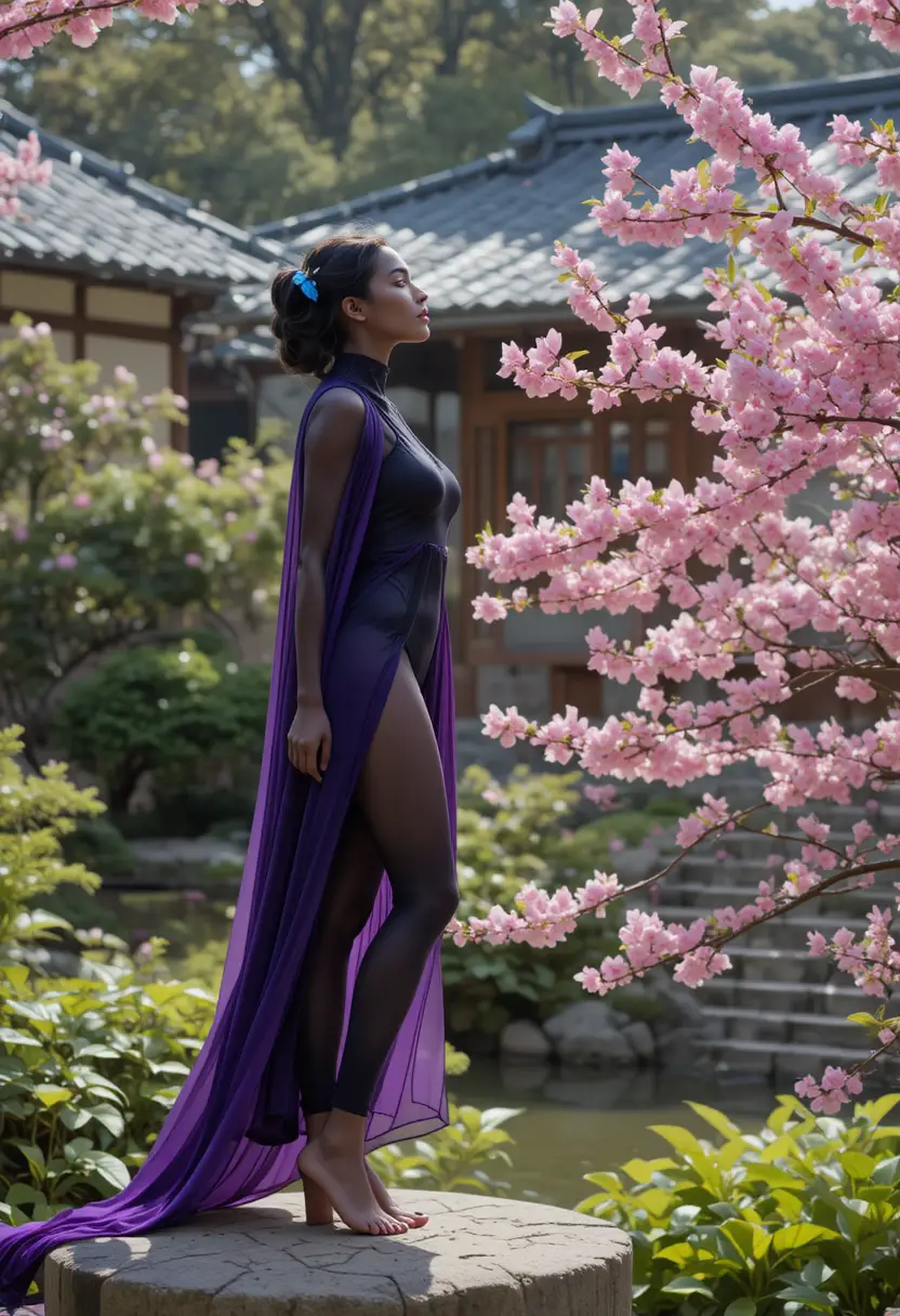 Woman on stone in japanese garden with blue butterfly