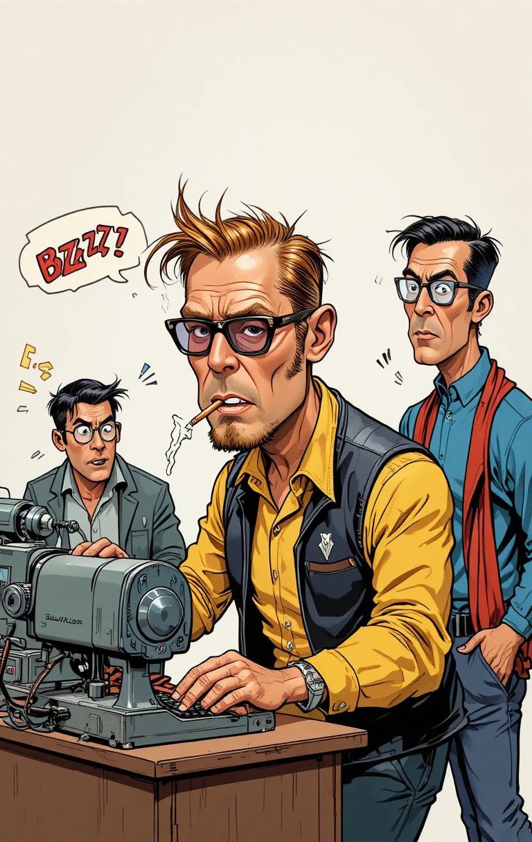 Anxious cartoon writer typing on a noisy typewriter