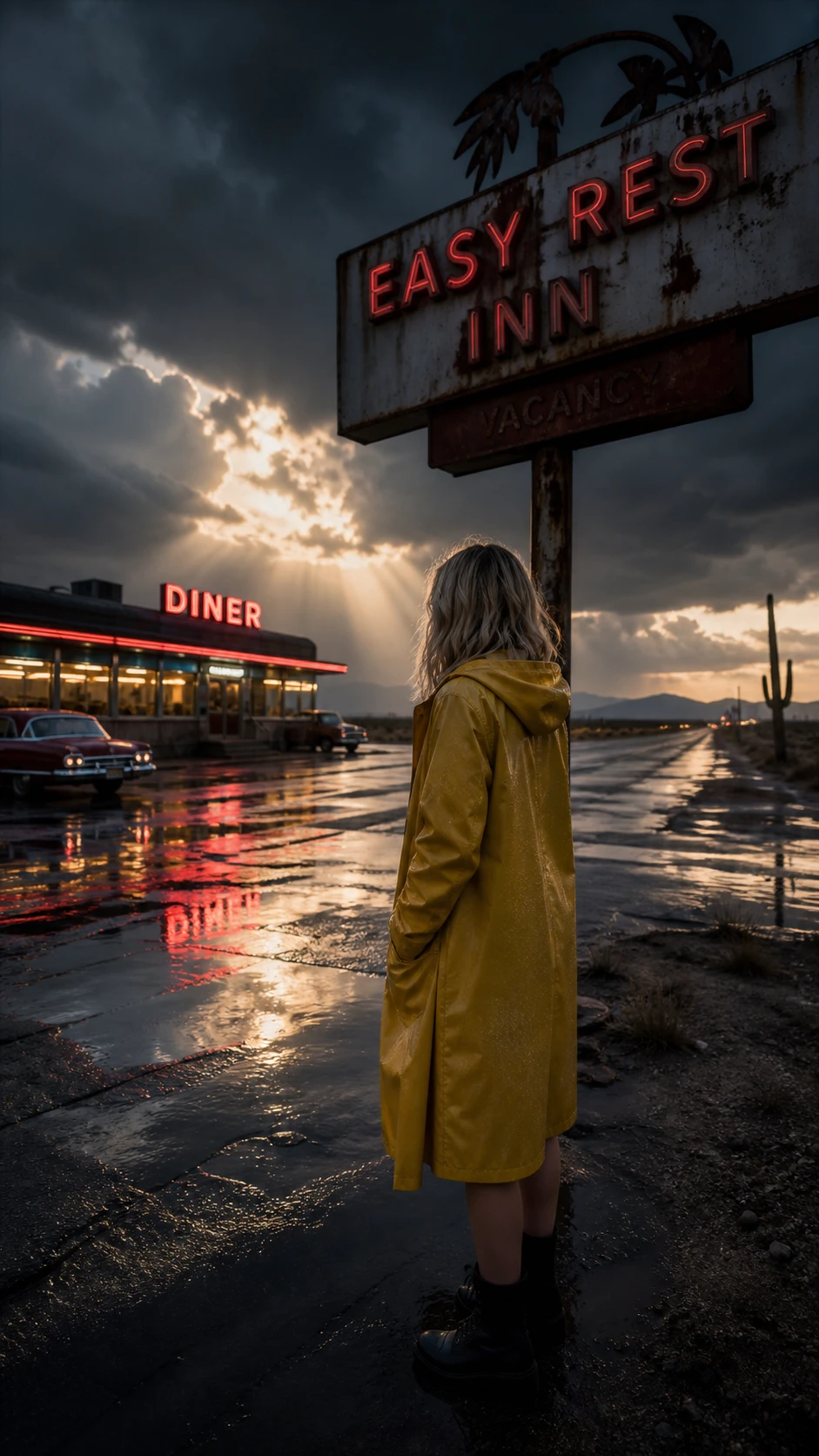 Woman In Yellow Raincoat By Neon Lit Desert Highway
