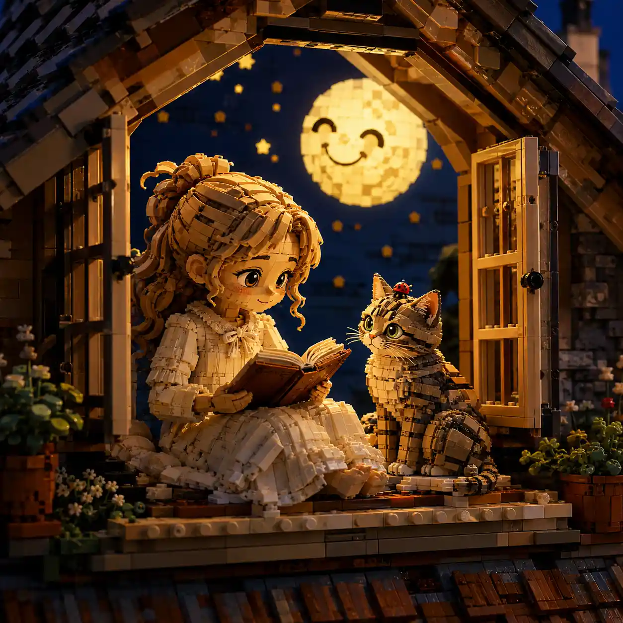 Young girl reading by the moonlit attic window with cat