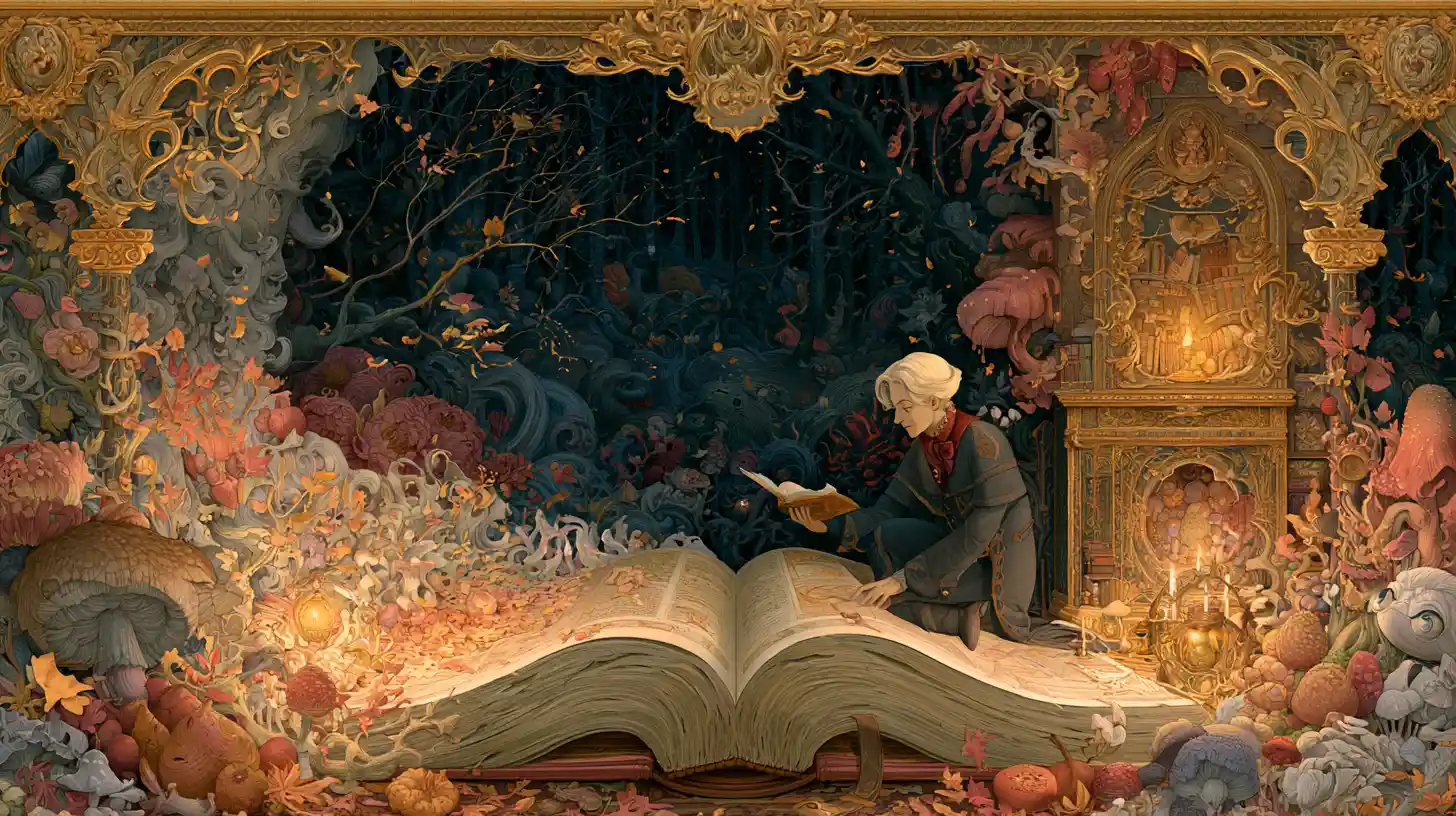 Visione surreale di libri di fiabe fratturate nel riflesso