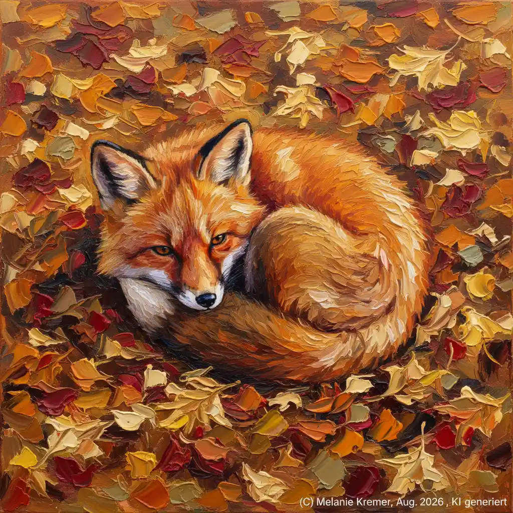 Cute red fox curled in colorful autumn leaves painting