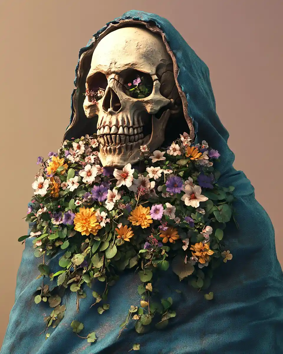 Comic style 3D skeleton with flowers and blue cloak
