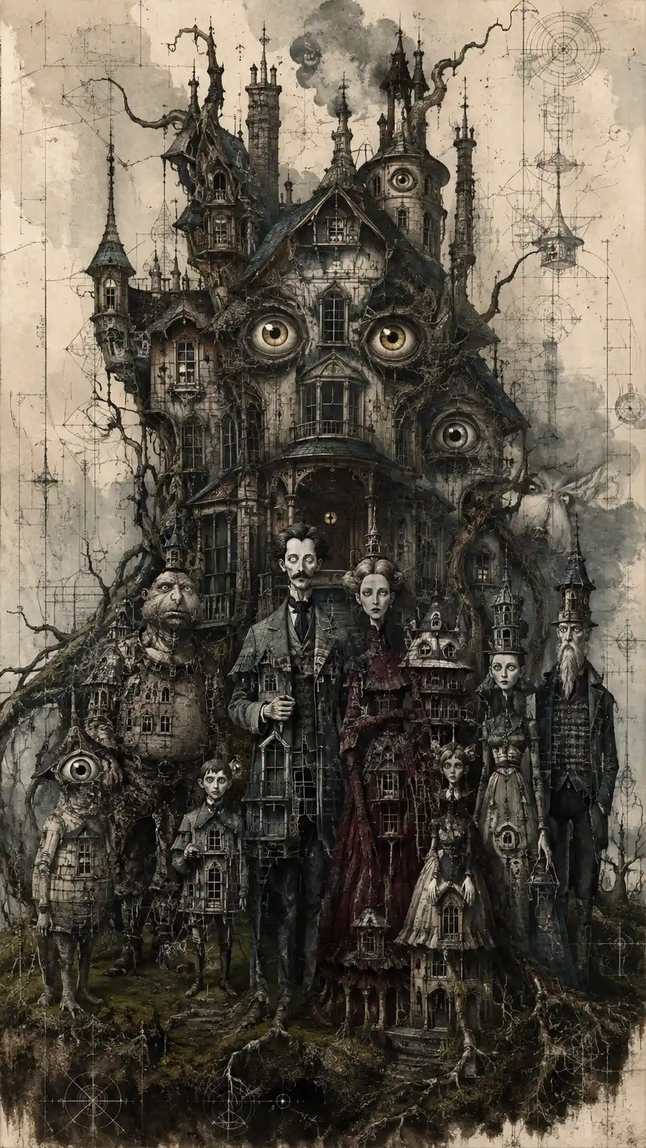 Gothic mansion and surreal family gathered for portrait