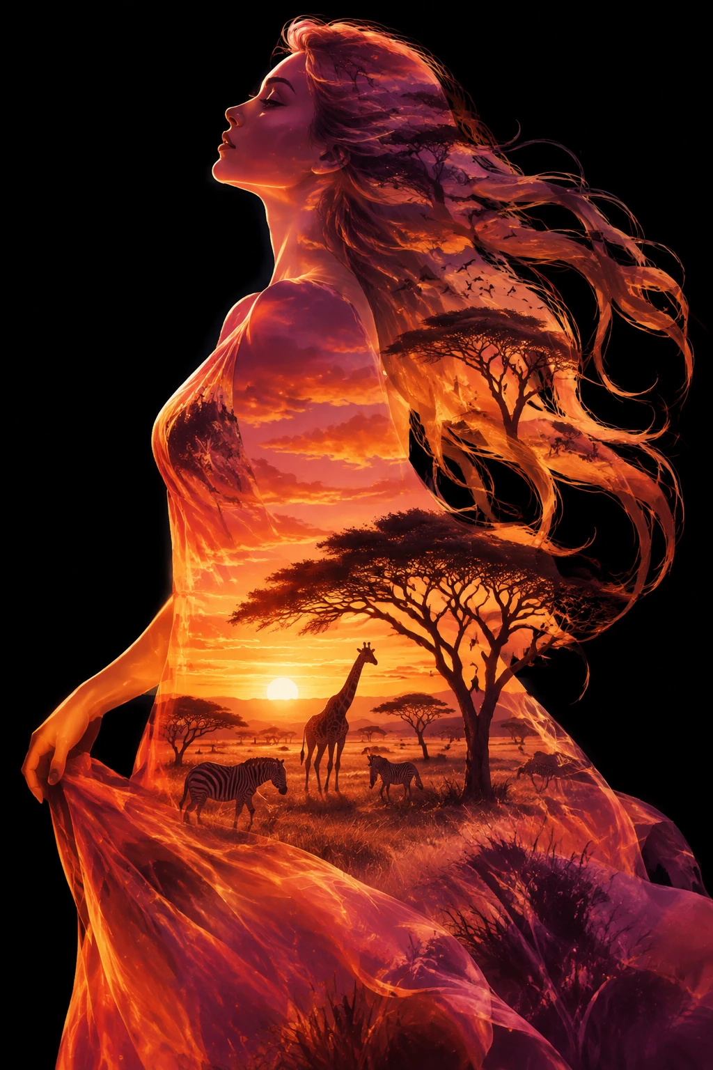 Mystical Woman Silhouette Blending With Serengeti Sunset