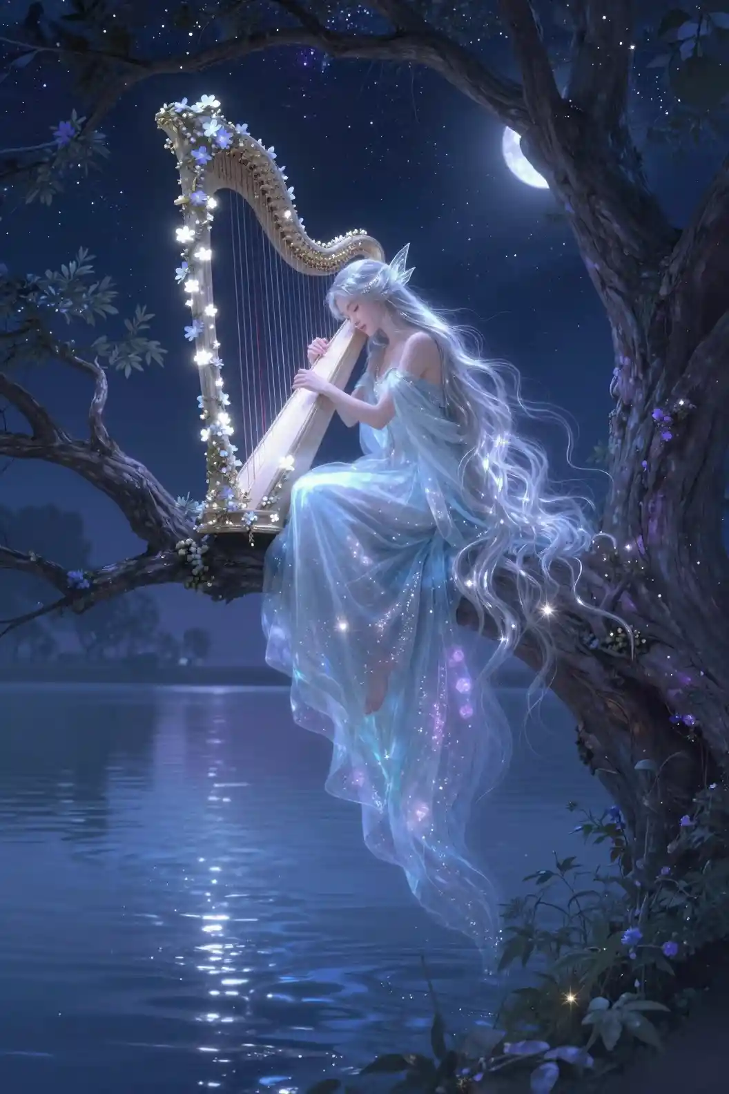 Sleeping fairy on a tree above a moonlit lake