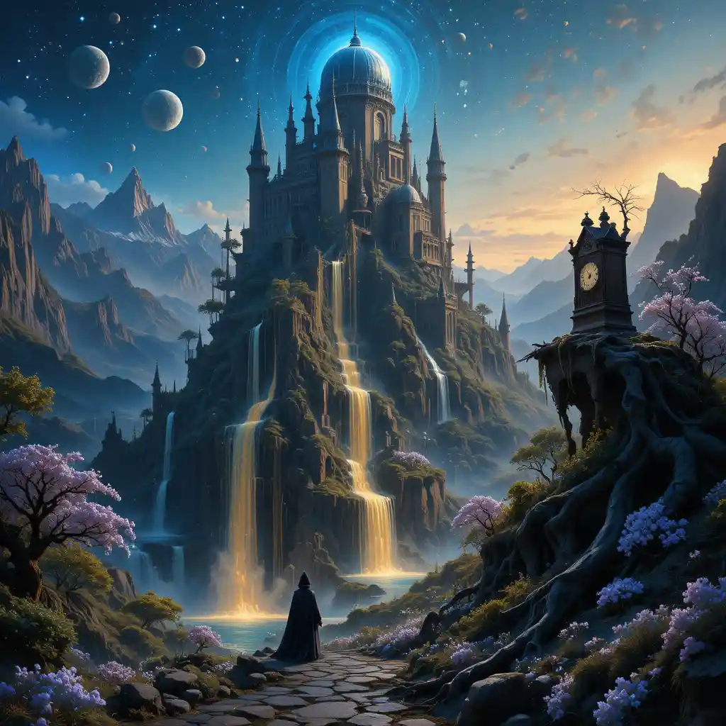 Wizard Watching Gothic Castle On Ancient Tree Mountain