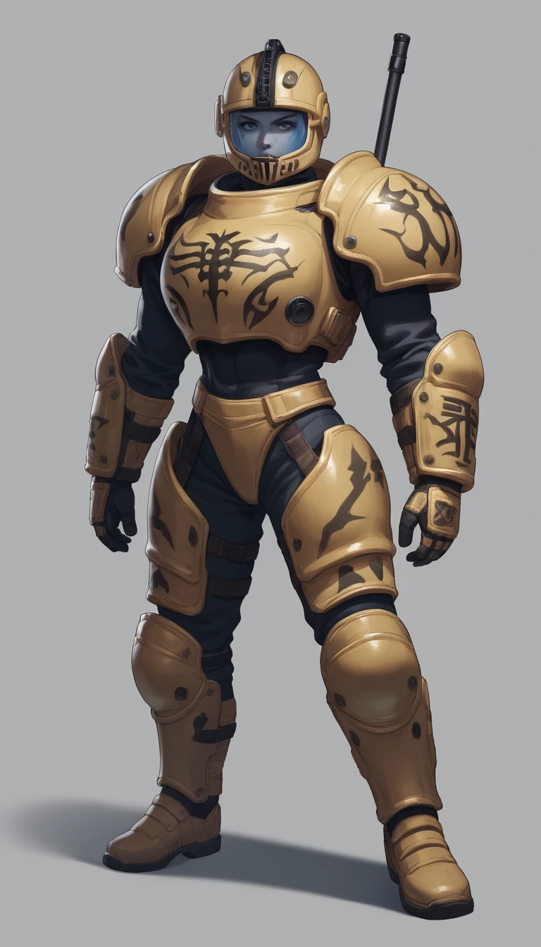 Sultry anime warrior woman in full iron armor