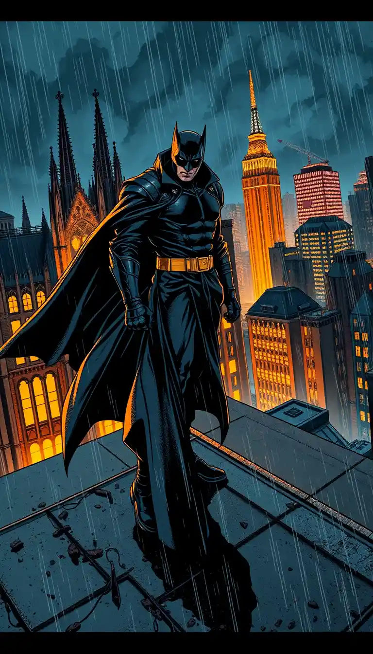 Brooding vigilante on a rainy gothic city rooftop