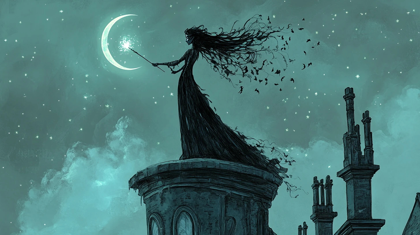 Tall witch bending the crescent moon above crooked observatory