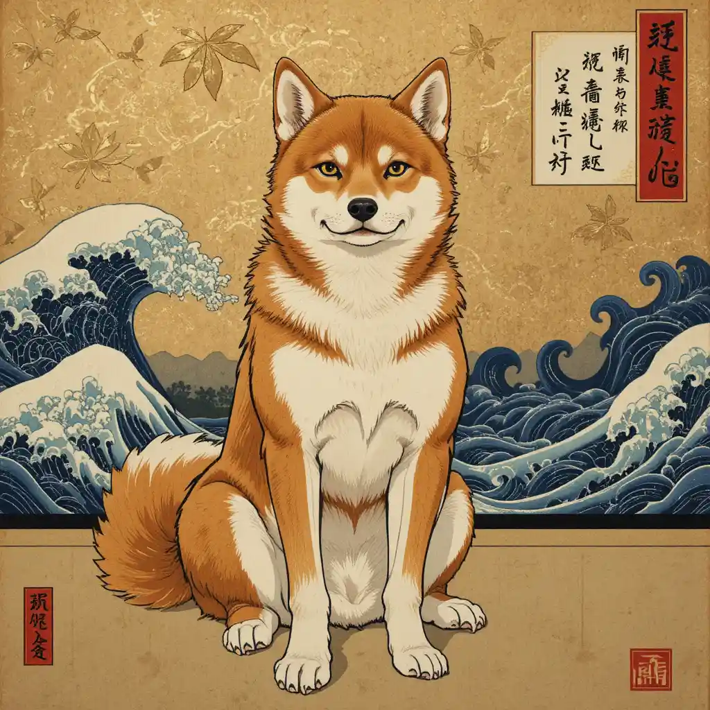 Shiba inu sitting proudly on tatami in ukiyo e style