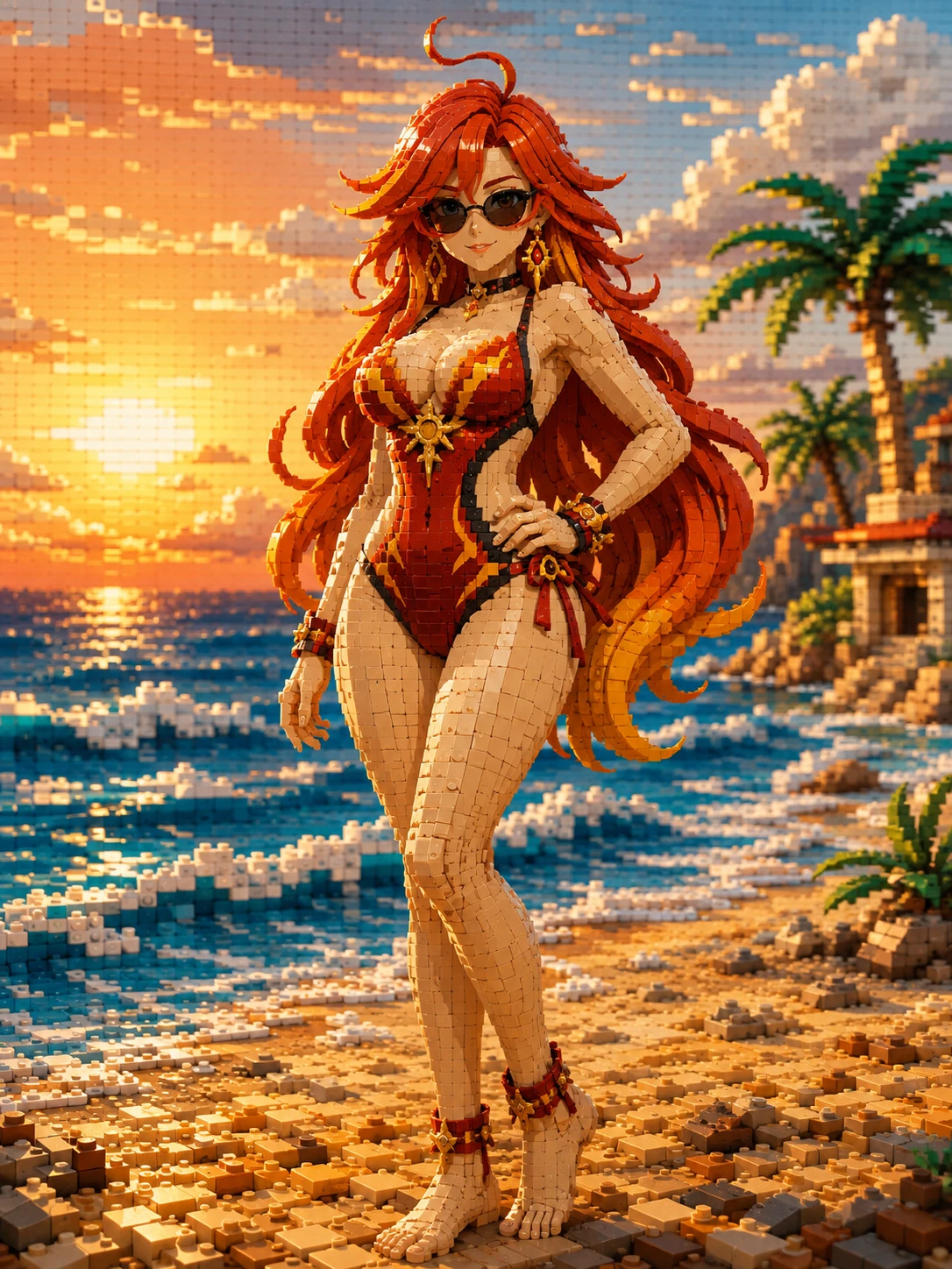 Confident woman on a brick crafted beach scene