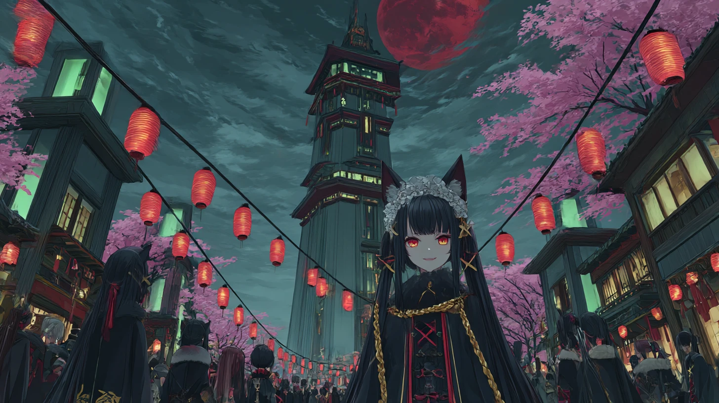 Strada di carnevale fantasy sotto una luna rossa in stile anime