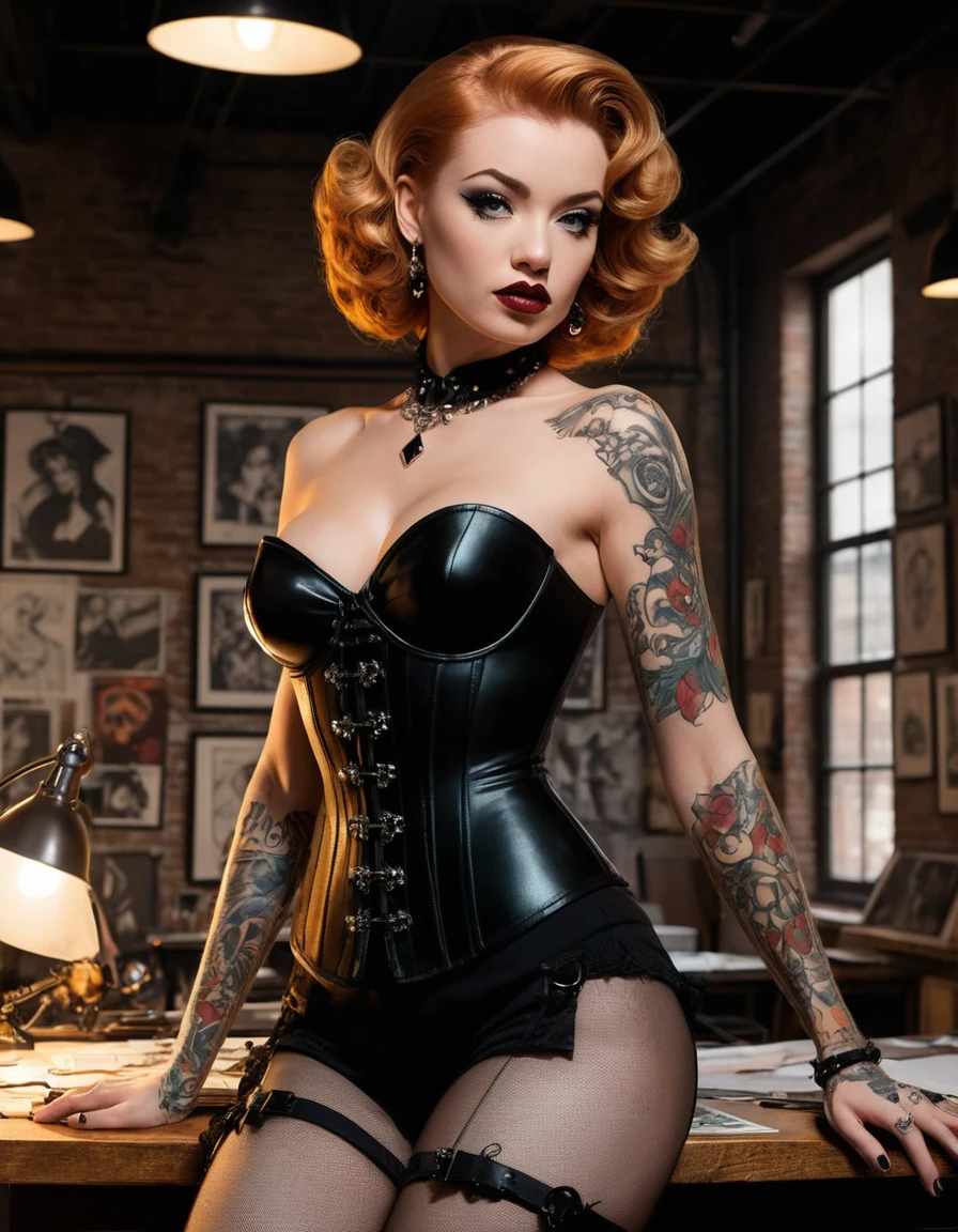 Radiant pin up artist in a gothic loft studio