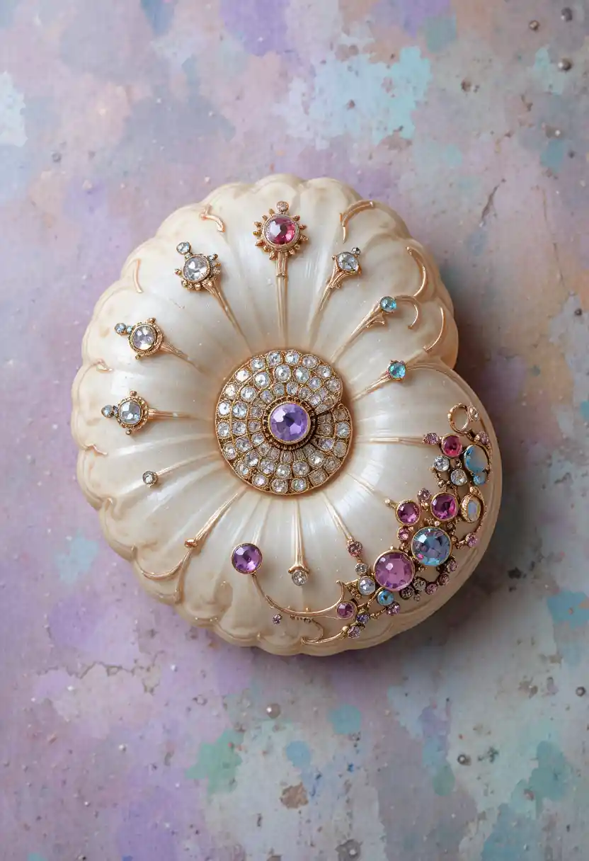 Cream colored nautilus shell with sparkling gemstones