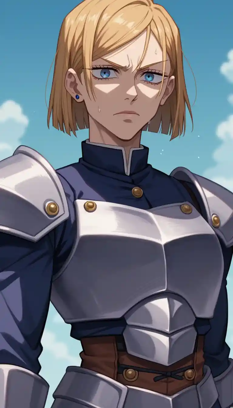 Armored anime heroine with blue eyes and blonde hair