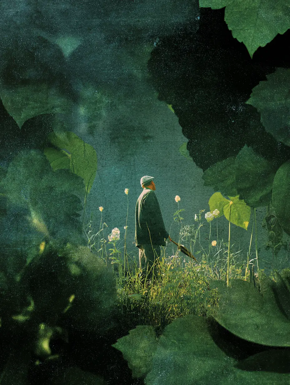 Surreal gardener woman planting trees in a dreamlike green world