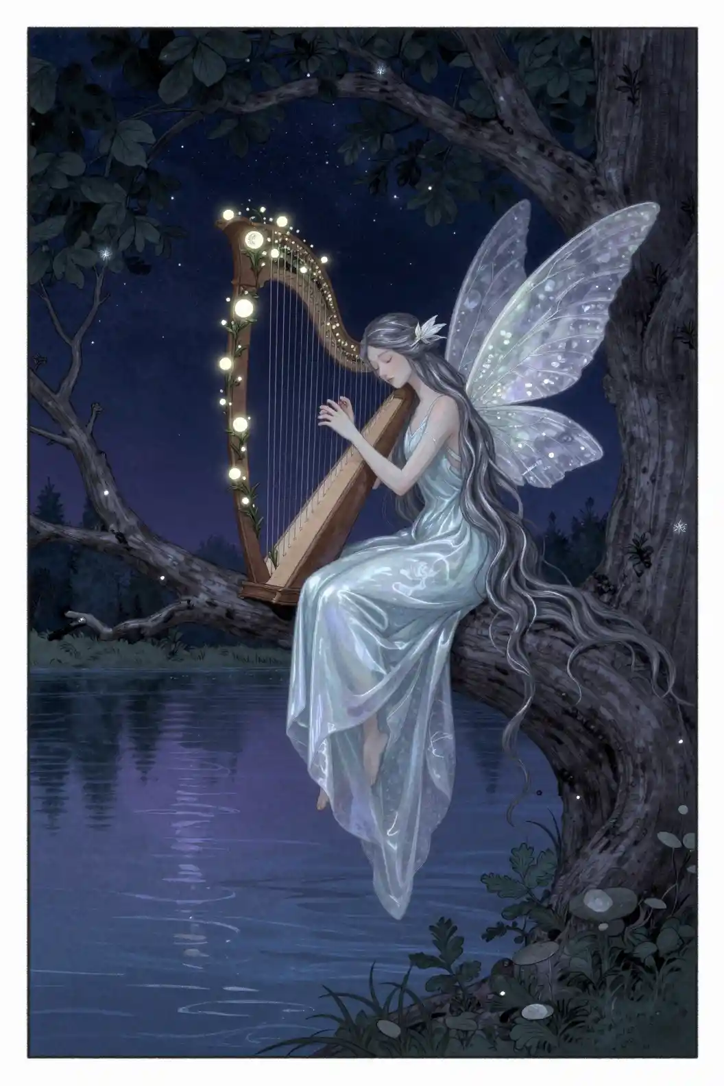 Sleeping fairy playing a harp on an ancient tree branch