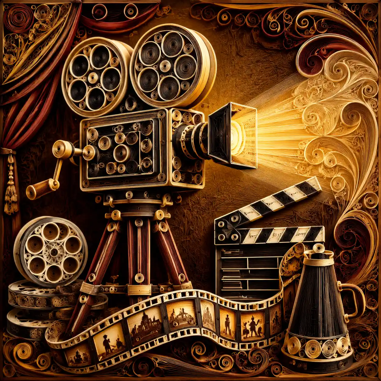 Vintage quilling paper camera with classic cinema accessories