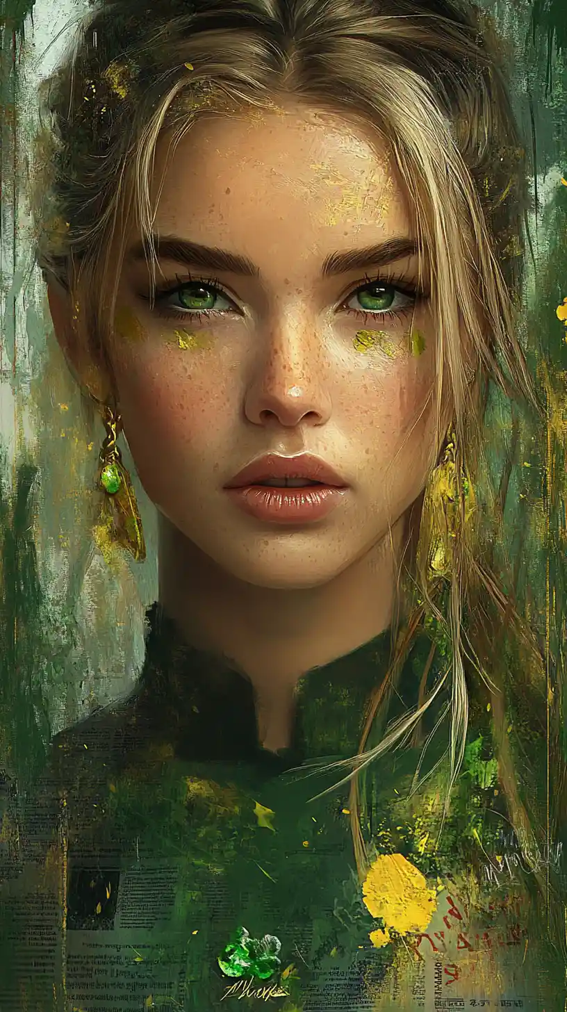 Ethereal portrait of a mysterious woman with emerald eyes