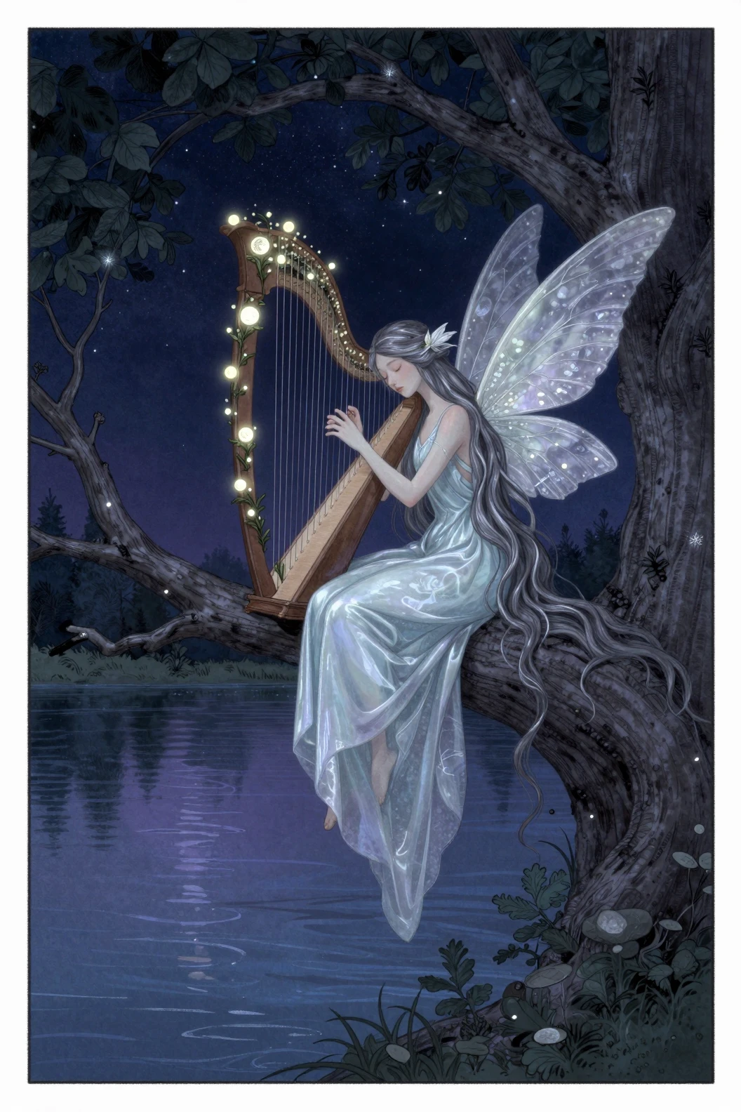 Sleeping fairy playing a harp on an ancient tree branch