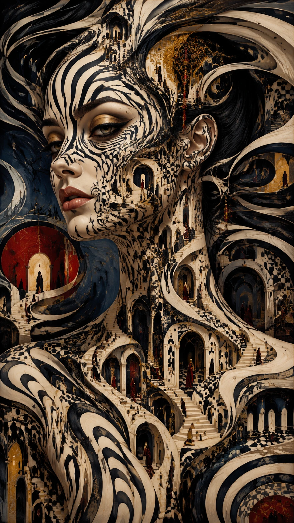 Surreal woman with architectural patterns flowing across her skin