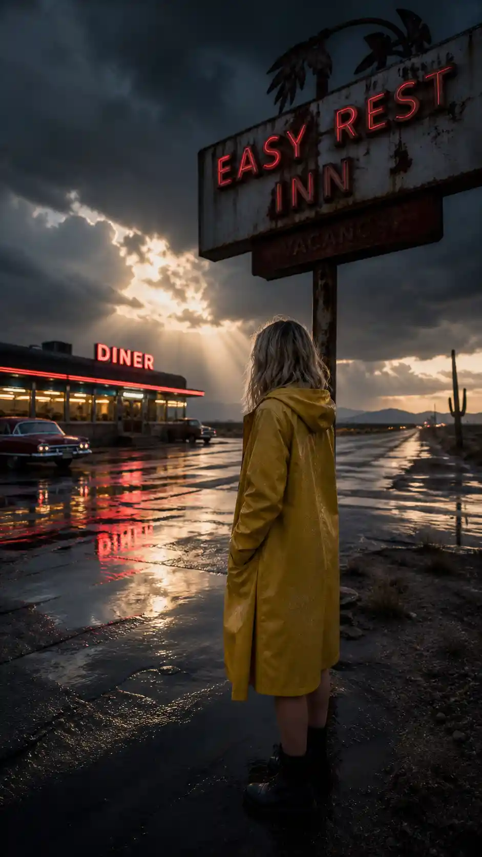 Woman In Yellow Raincoat By Neon Lit Desert Highway