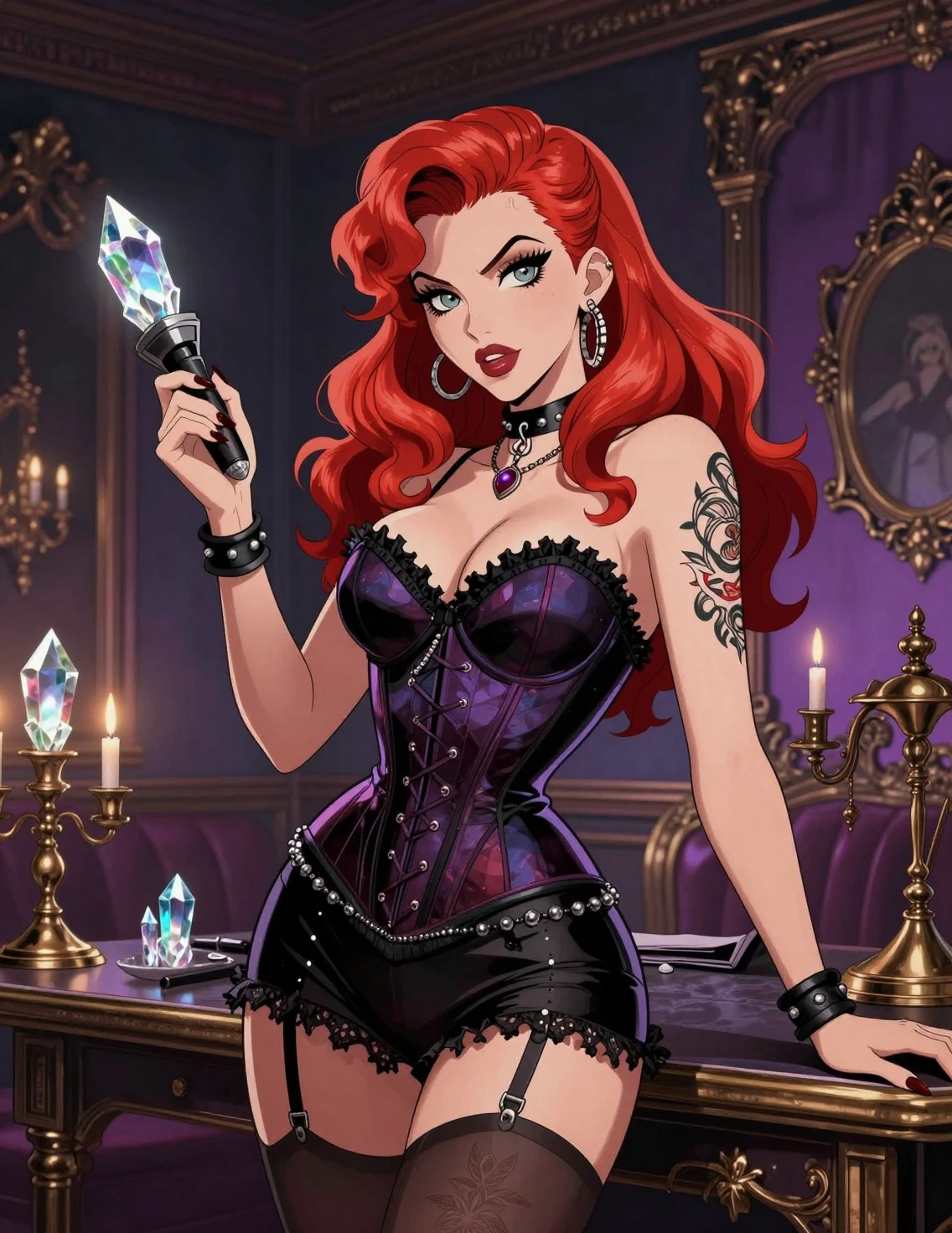 Sensual pinup artist in a gothic witchy loft studio