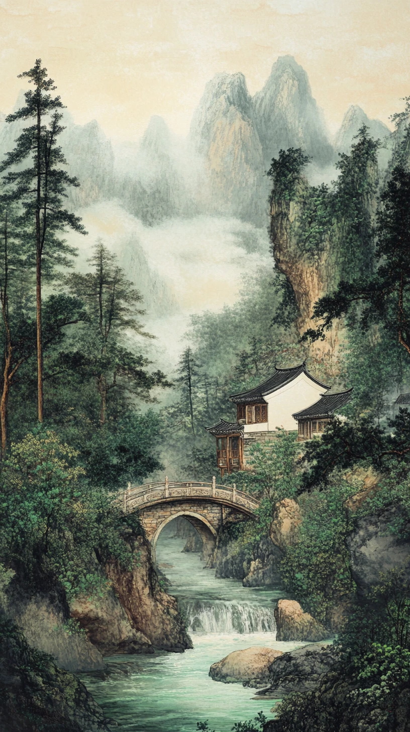 Quiet mountain village by turquoise stream and stone bridge