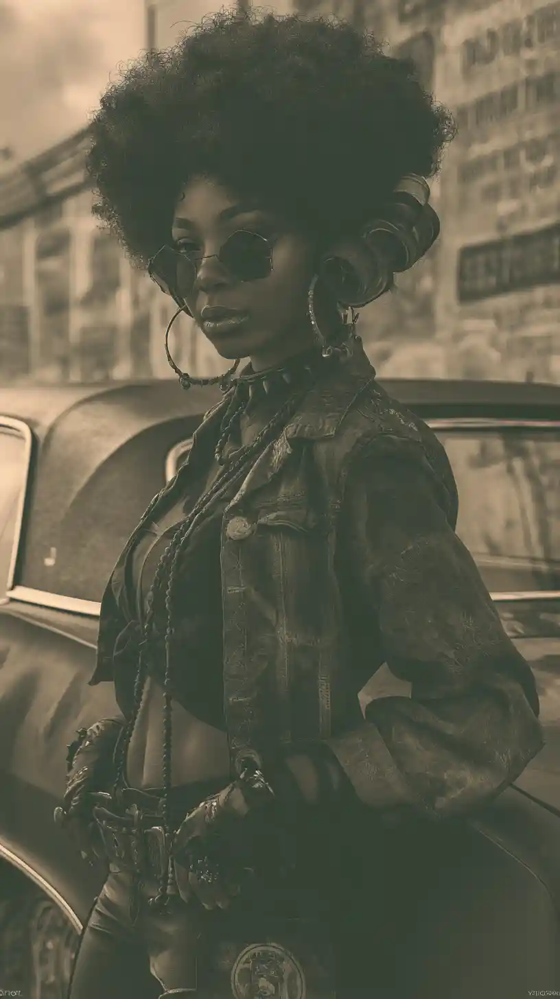 Girl with beaded hair picking out her afro with sheen
