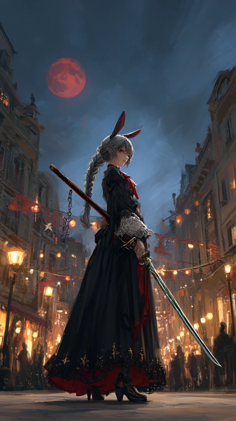 Calle de carnaval anime con multitud enmascarada y luna roja