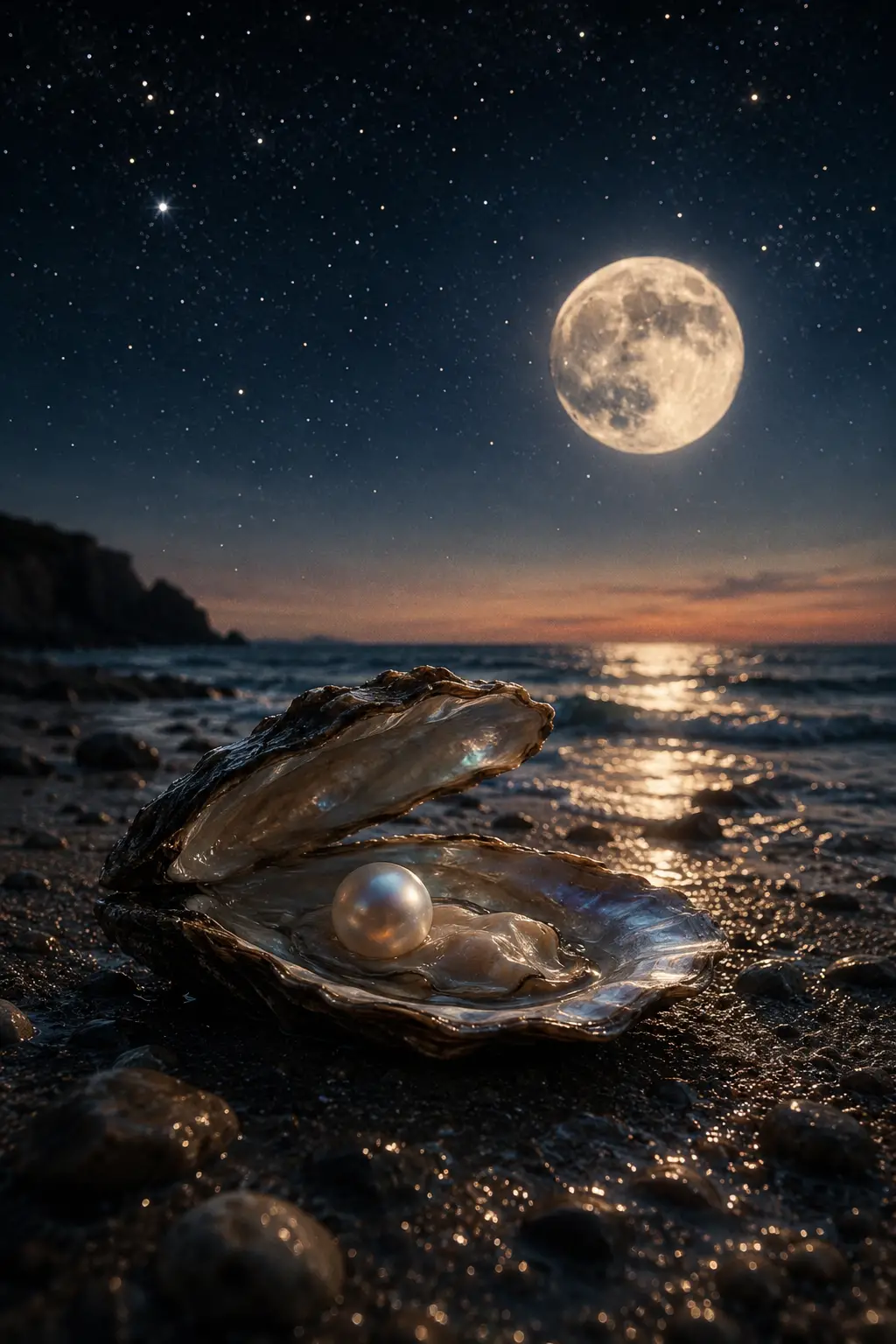 Luminous pearl in an open oyster under a full moon
