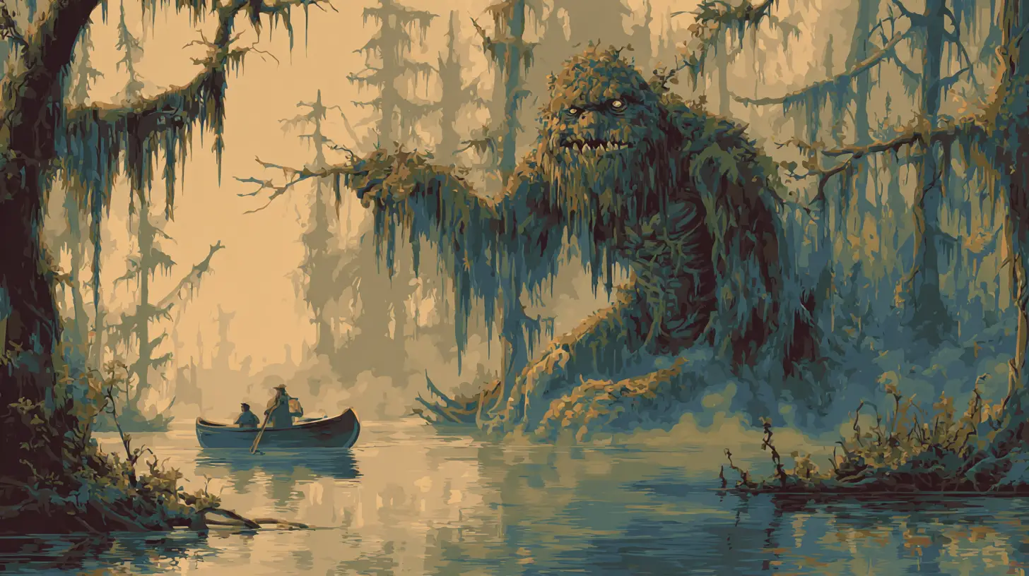Terrifying monster rising from an enchanted swamp before canoeists
