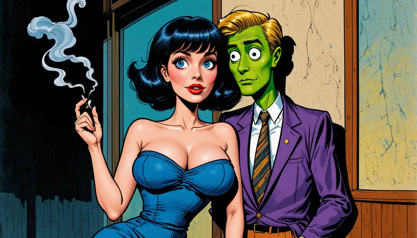 Stylized couple in bold vintage comic illustration