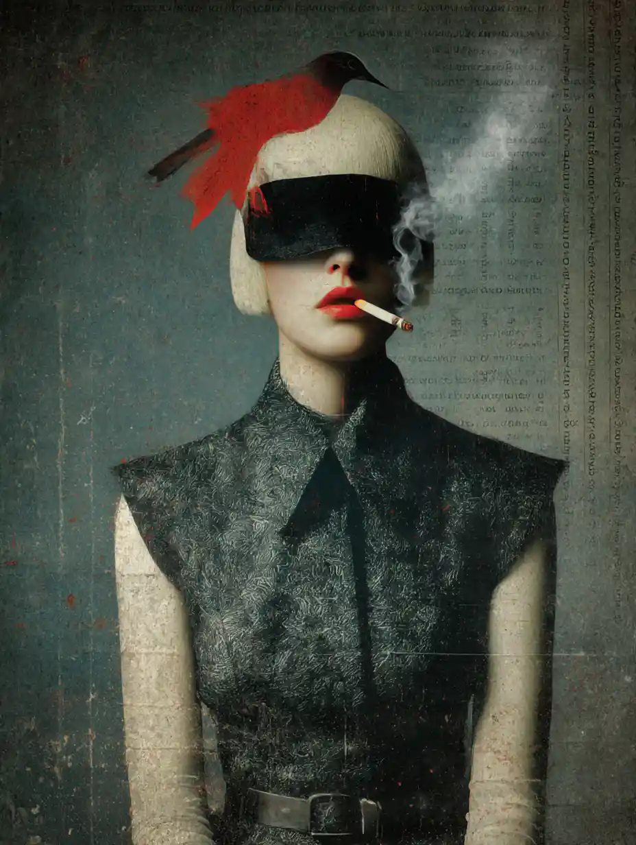 Melancholic Girl In Surreal Dark Indigo And Red Portrait