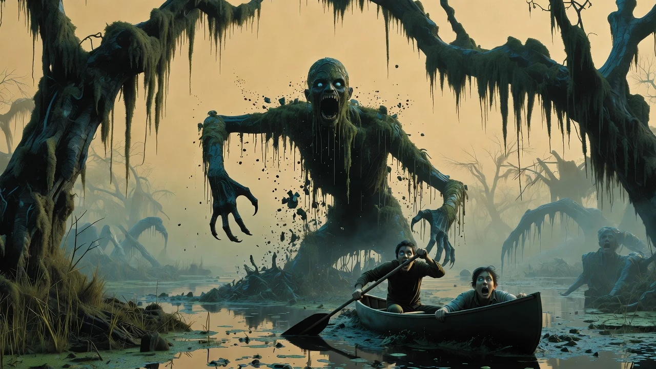 Monstro macabro surgindo de um pântano encantado diante de canoeiros