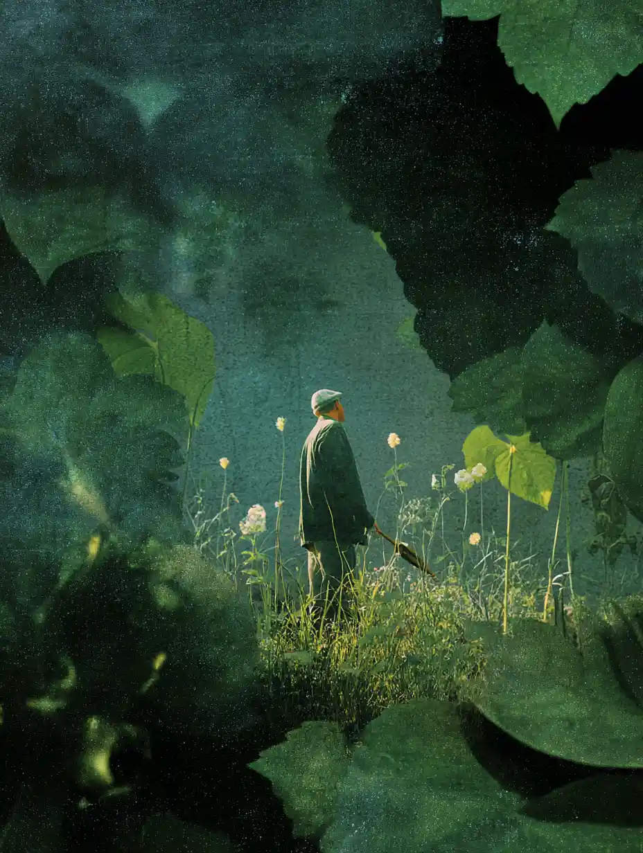 Surreal gardener woman planting trees in a dreamlike green world