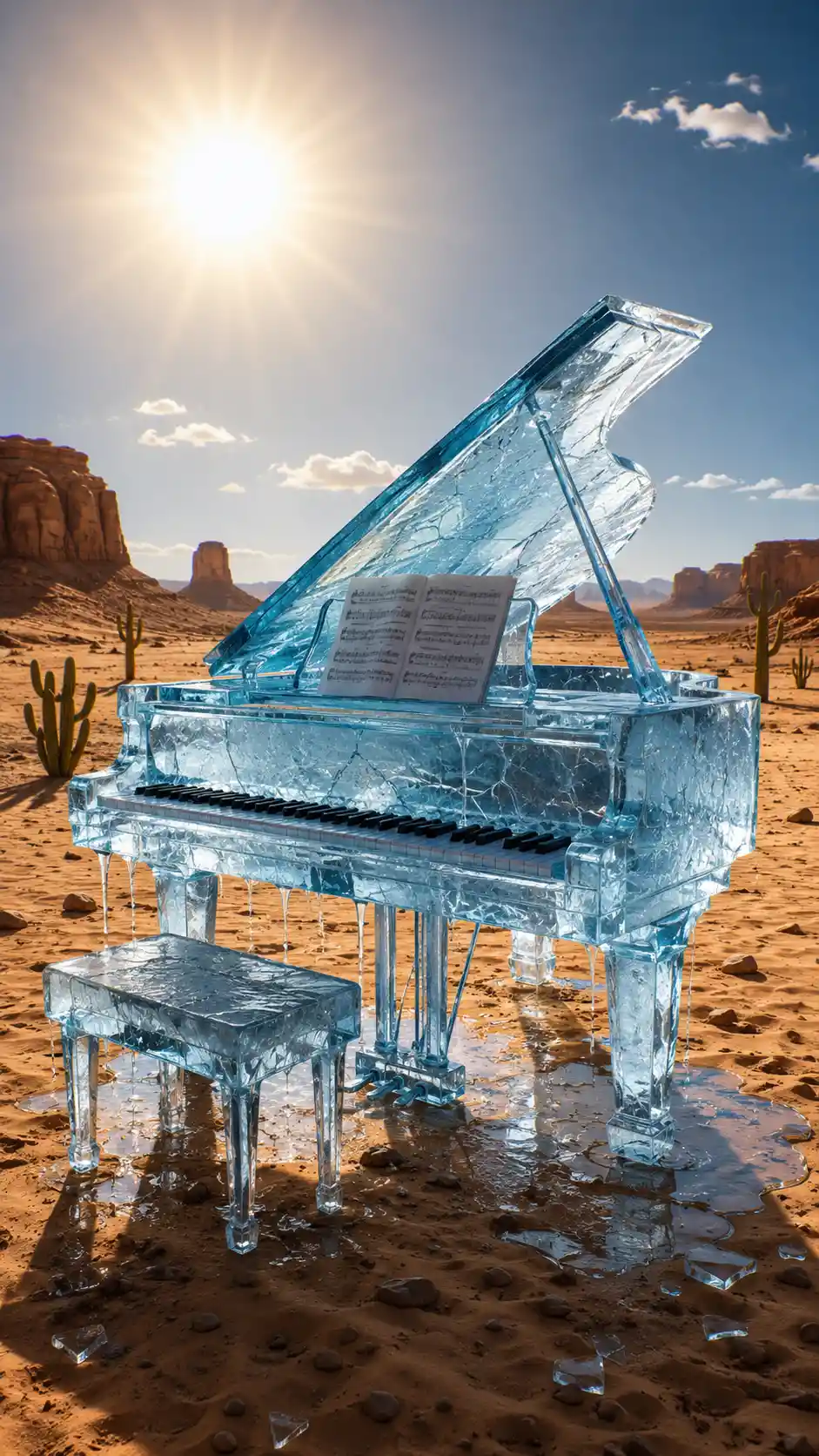 Surreal ice grand piano melting under harsh desert sun