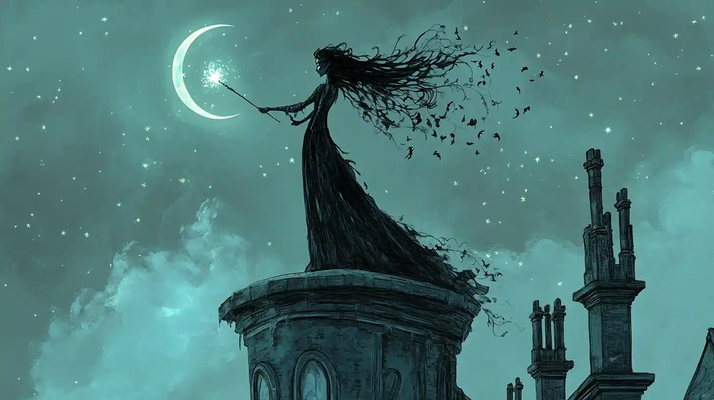 Tall witch bending the crescent moon above crooked observatory