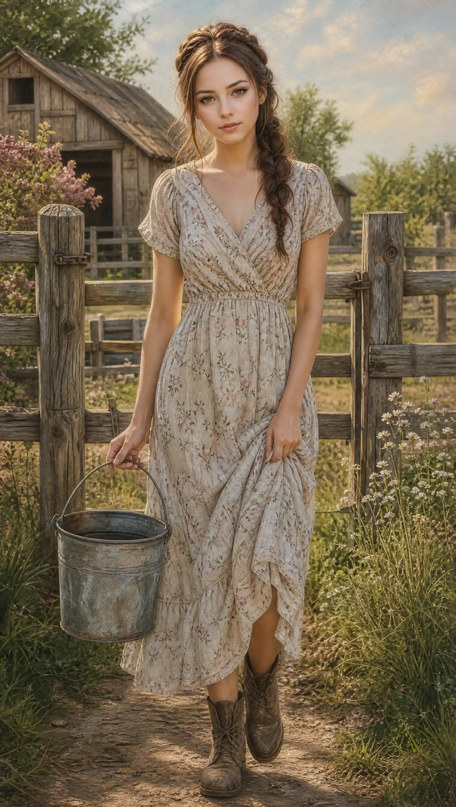 Woman with water bucket in a soft pastel farmyard scene