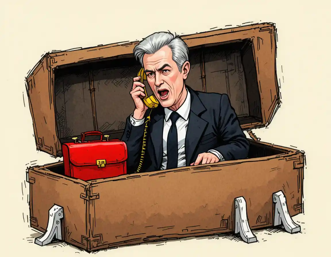 Cartoon businessman on the phone inside an open coffin