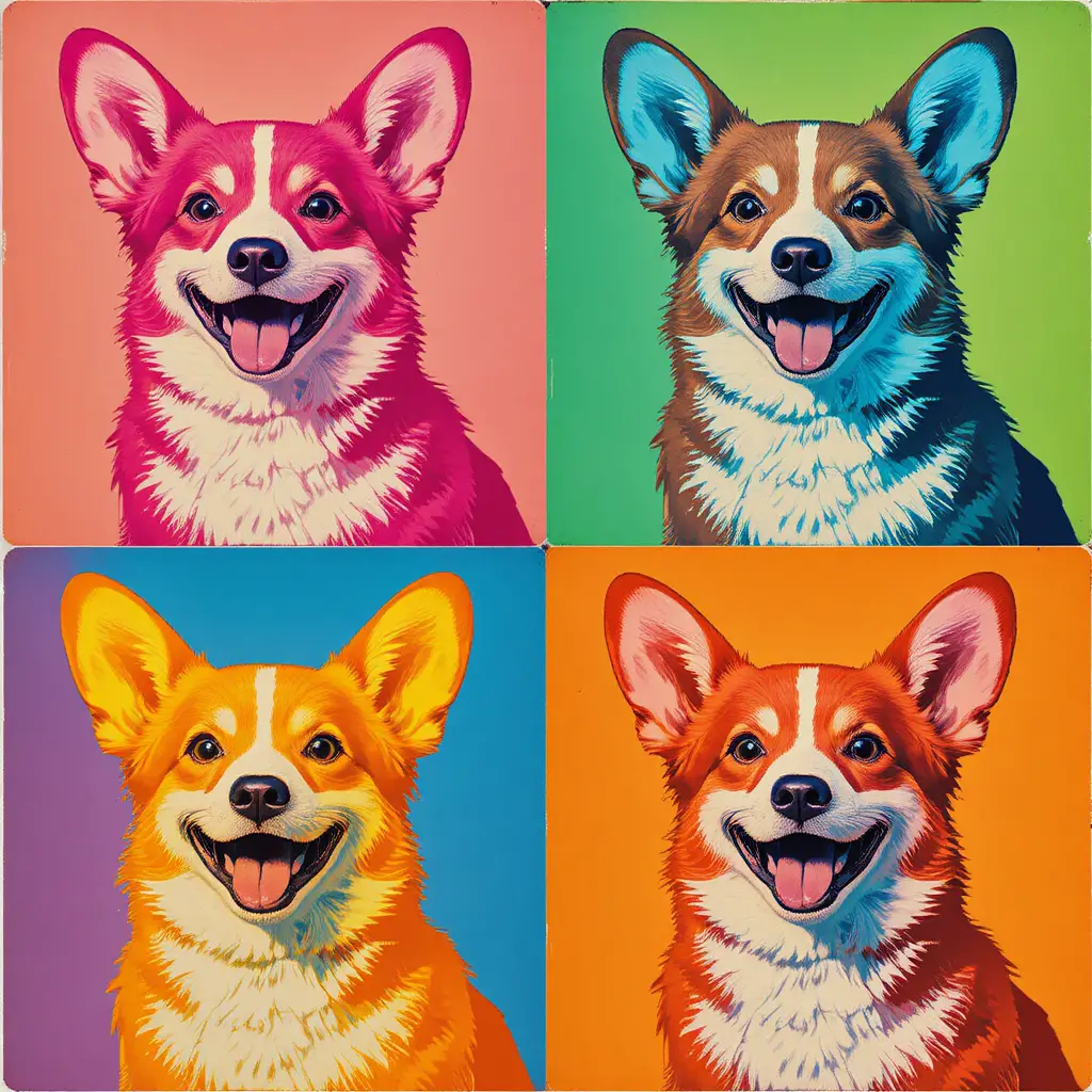 Colorful pop art grid portrait of a joyful corgi dog