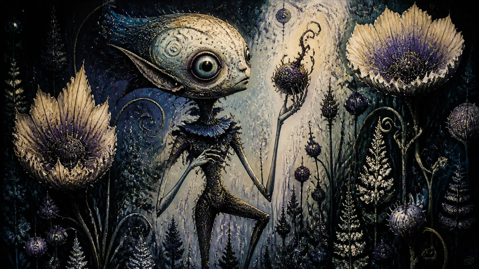 Whimsical fantasy creature among towering flowers at night