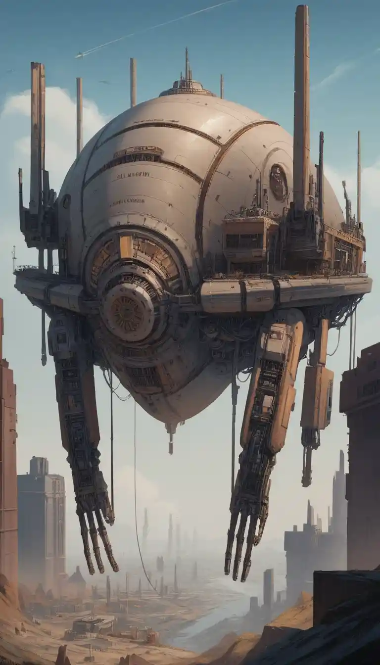 Gritty industrial metropolis of decaying futuristic buildings