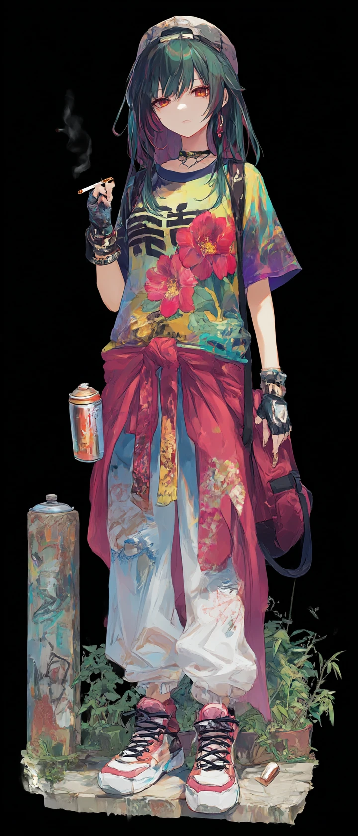 Anime girl with paint can on graffiti city street