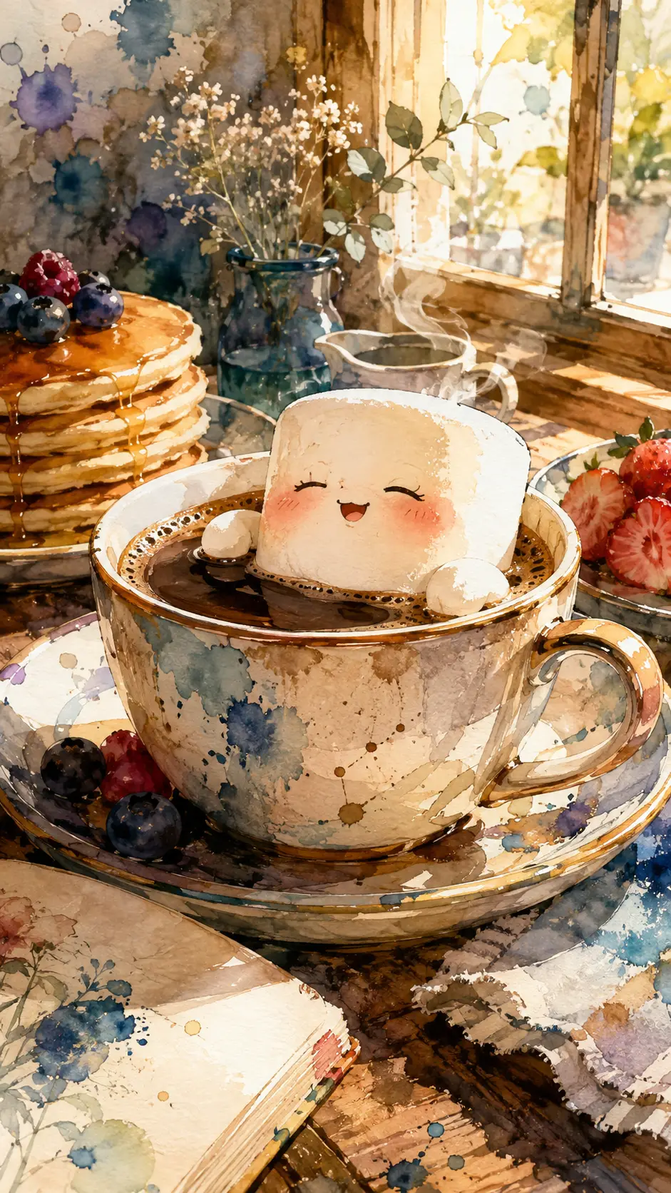 Cute marshmallow relaxing in a cozy coffee cup illustration