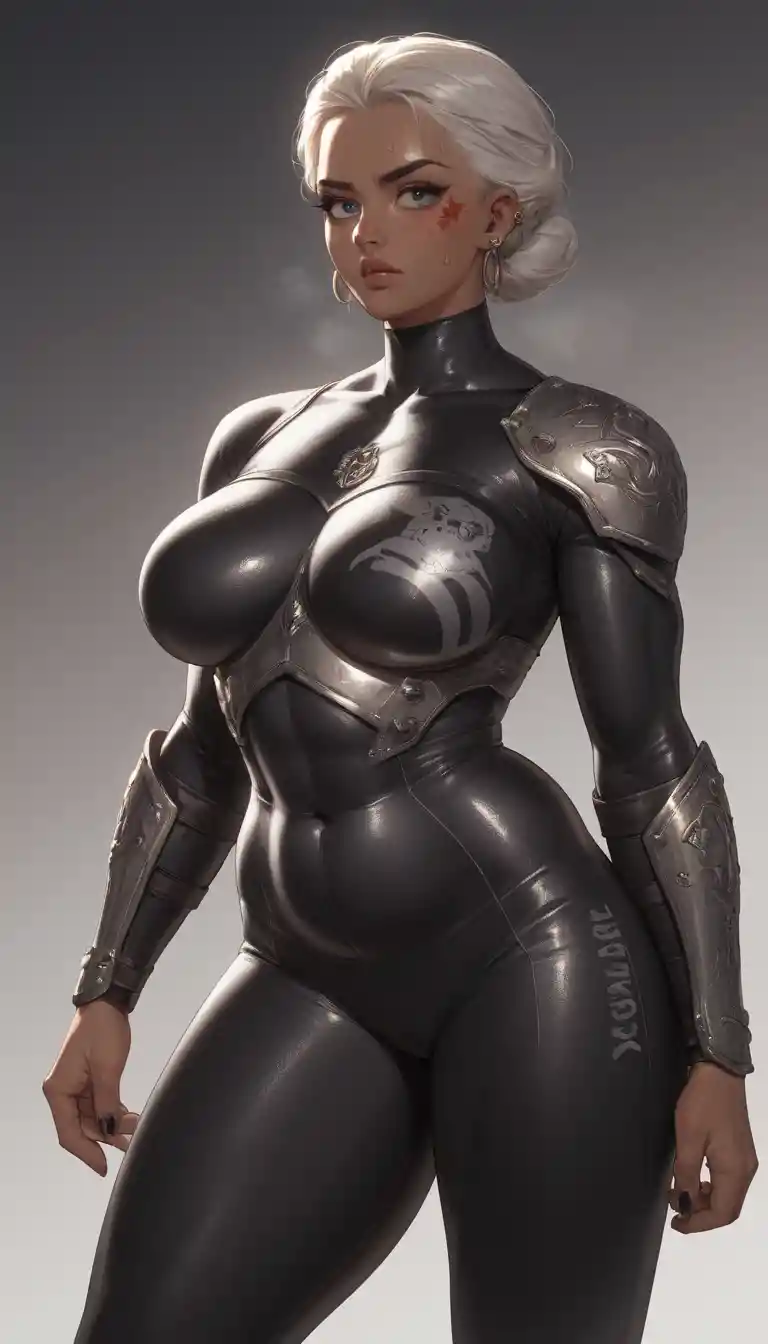 Curvy anime heroine with long straight hair and body art