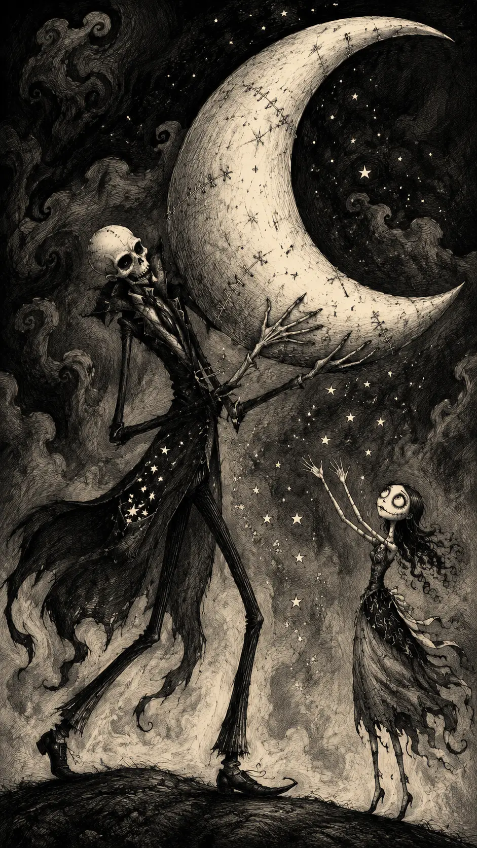 Grand gentleman squelettique portant un immense croissant de lune cousu